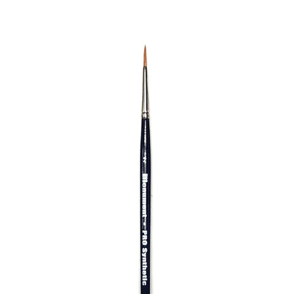 A thin art brush with a black handle, silver ferrule, and pointed brown synthetic bristles