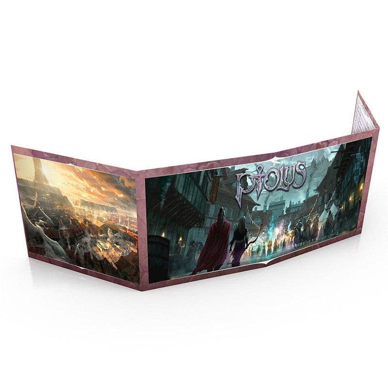 Four-panel tabletop roleplaying game screen featuring fantasy artwork of a city at sunset and figures in a marketplace