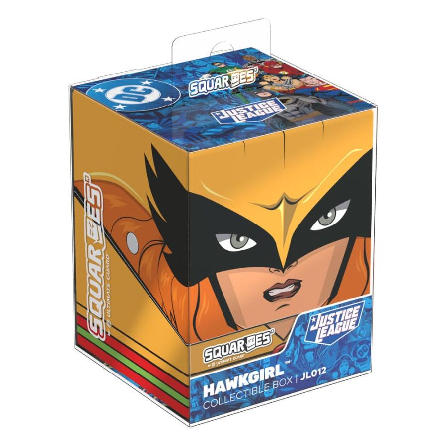 Hawkgirl Justice League SQUARES collectible box featuring the hero's masked face on a yellow background