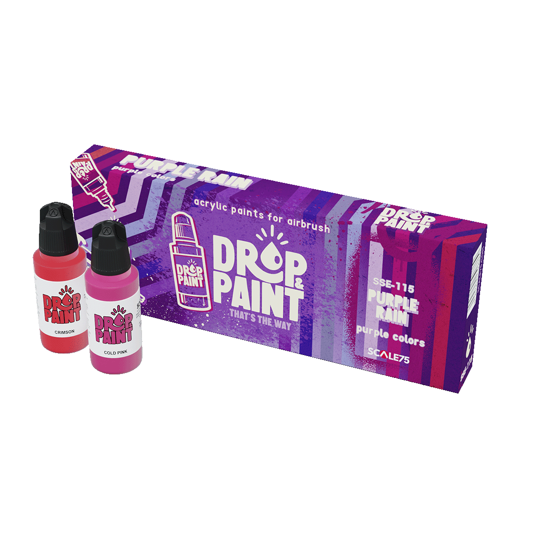 Drop & Paint Purple Rain acrylic airbrush paint set with purple box, red Crimson, and pink Cold Pink bottles