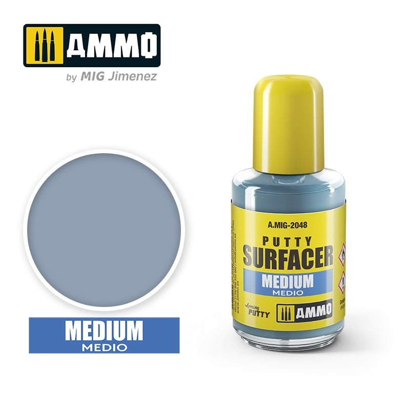 Ammo by MIG Jimenez Medium Putty Surfacerr bottle with yellow cap and a circular blue-grey color swatch