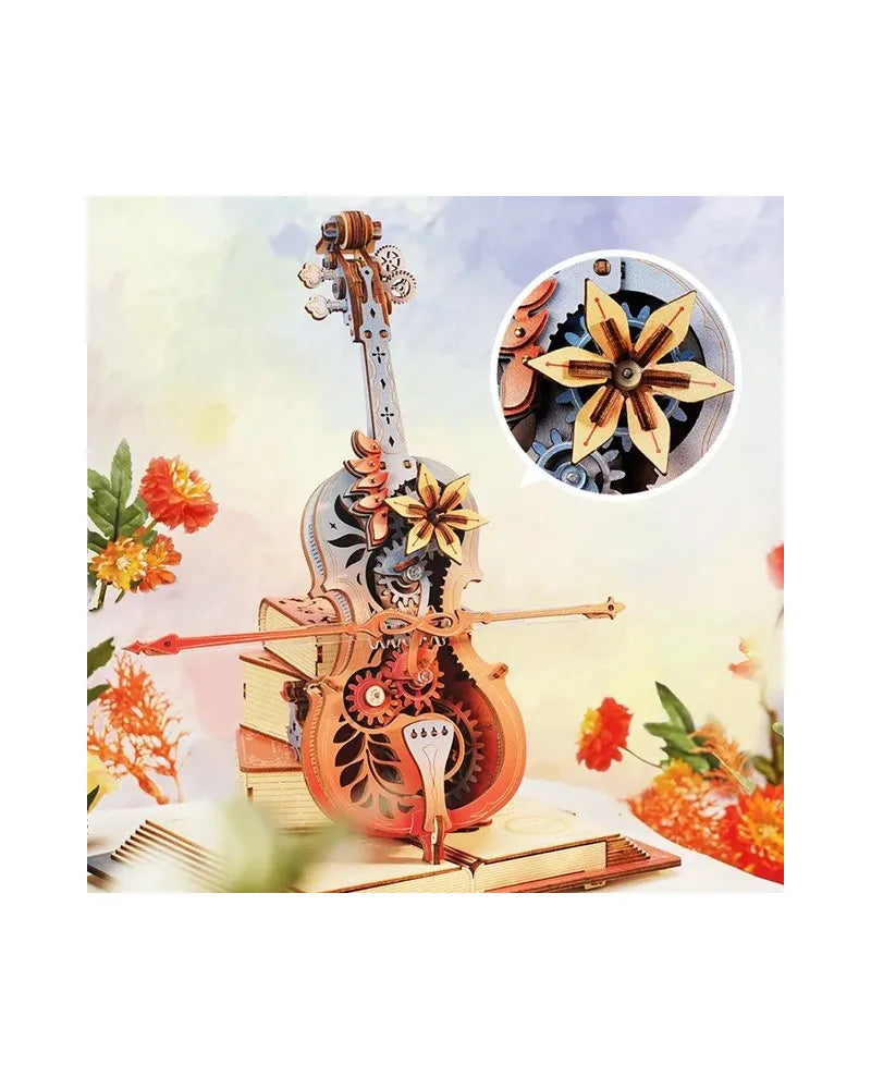 Detailed wooden mechanical violin model with visible gears, resting on wooden books. Inset highlights a floral gear