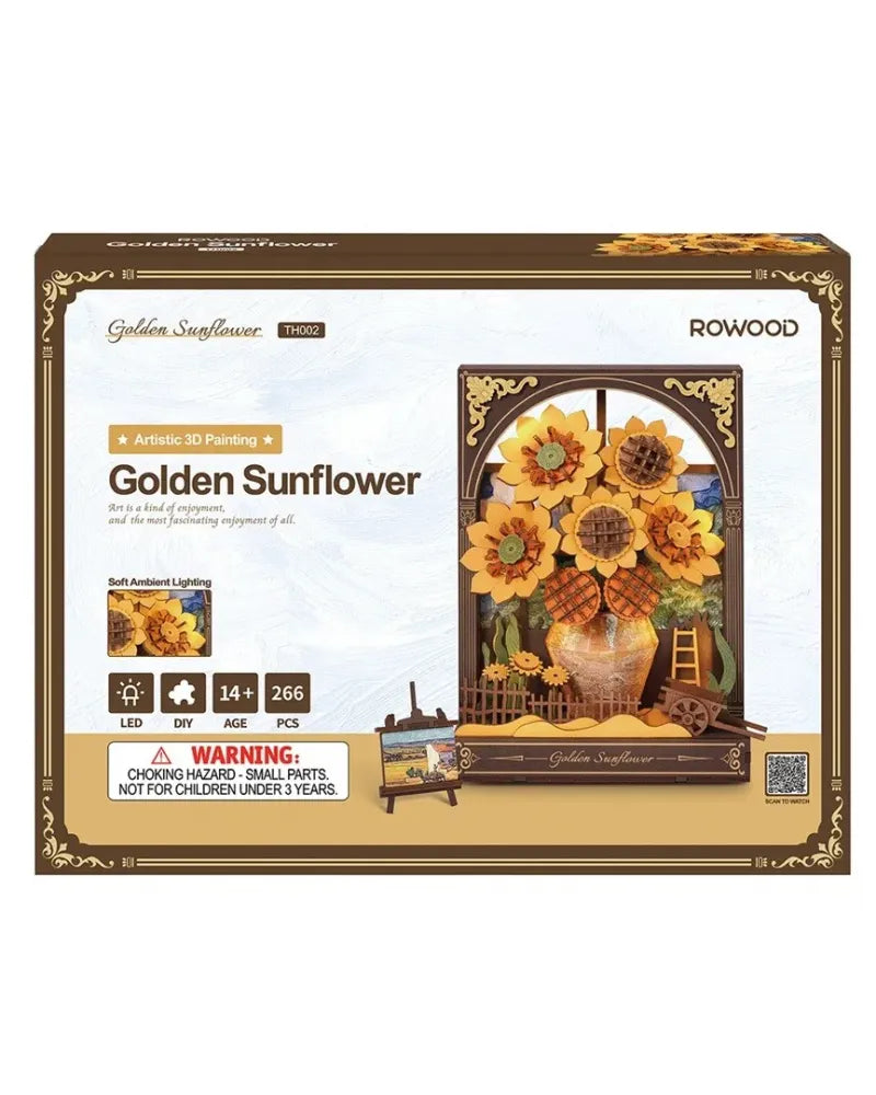 Retail box for the ROWOOD Golden Sunflower 3D painting DIY kit, featuring a cutout model of sunflowers in a vase