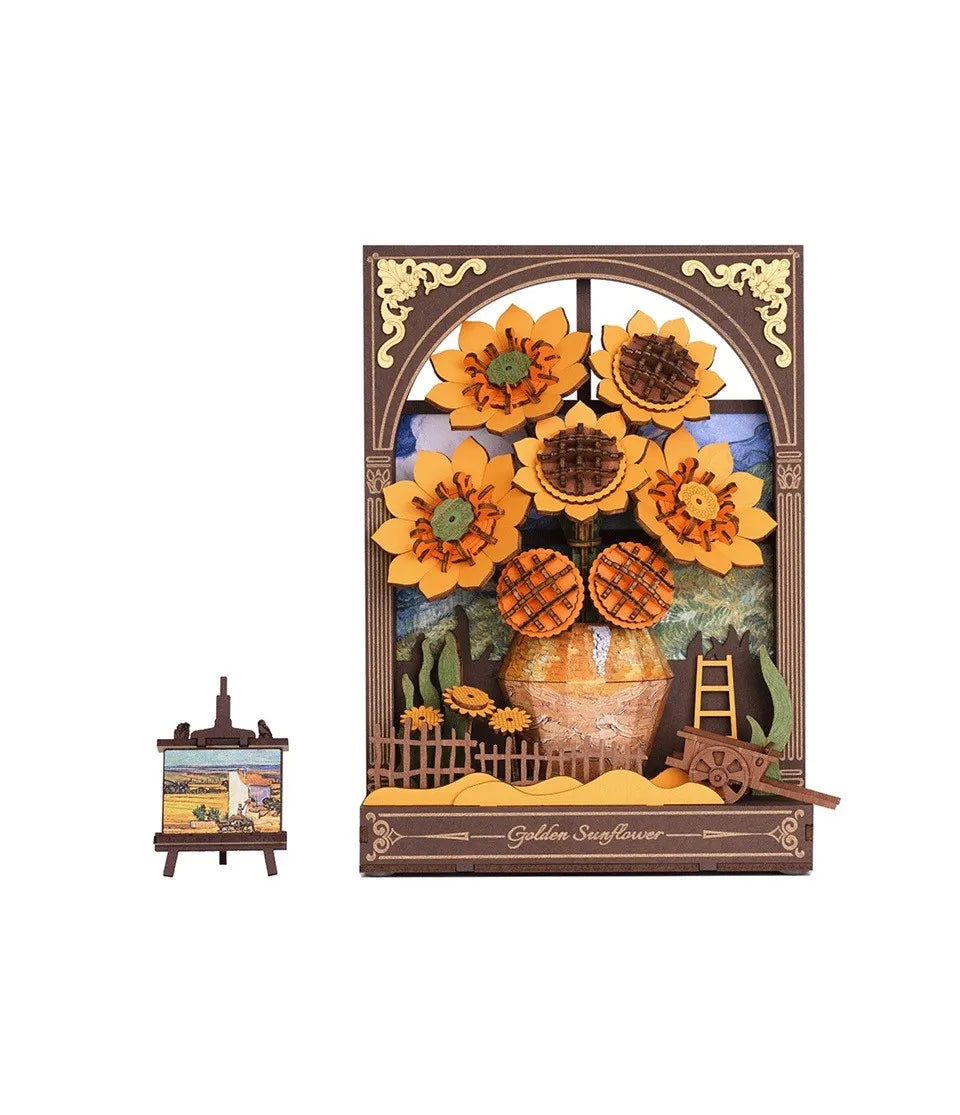Detailed wooden 3D model of sunflowers in a vase displayed inside a decorative window frame, with a small easel