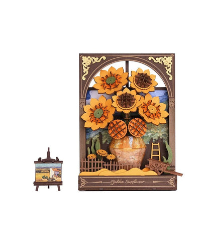 Detailed wooden 3D model of sunflowers in a vase displayed inside a decorative window frame, with a small easel