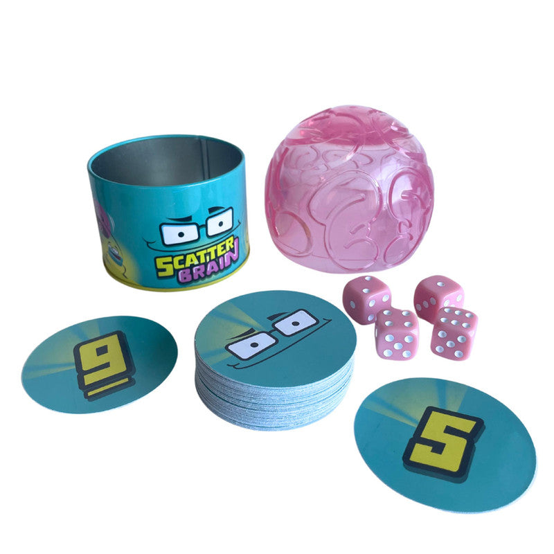 Blue Orange Games Scatter Brain game with brain timer, cards, dice, and metal can