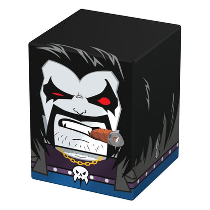 Cubical figure depicting Lobo with red eyes and white makeup, grimacing while biting a lit cigar