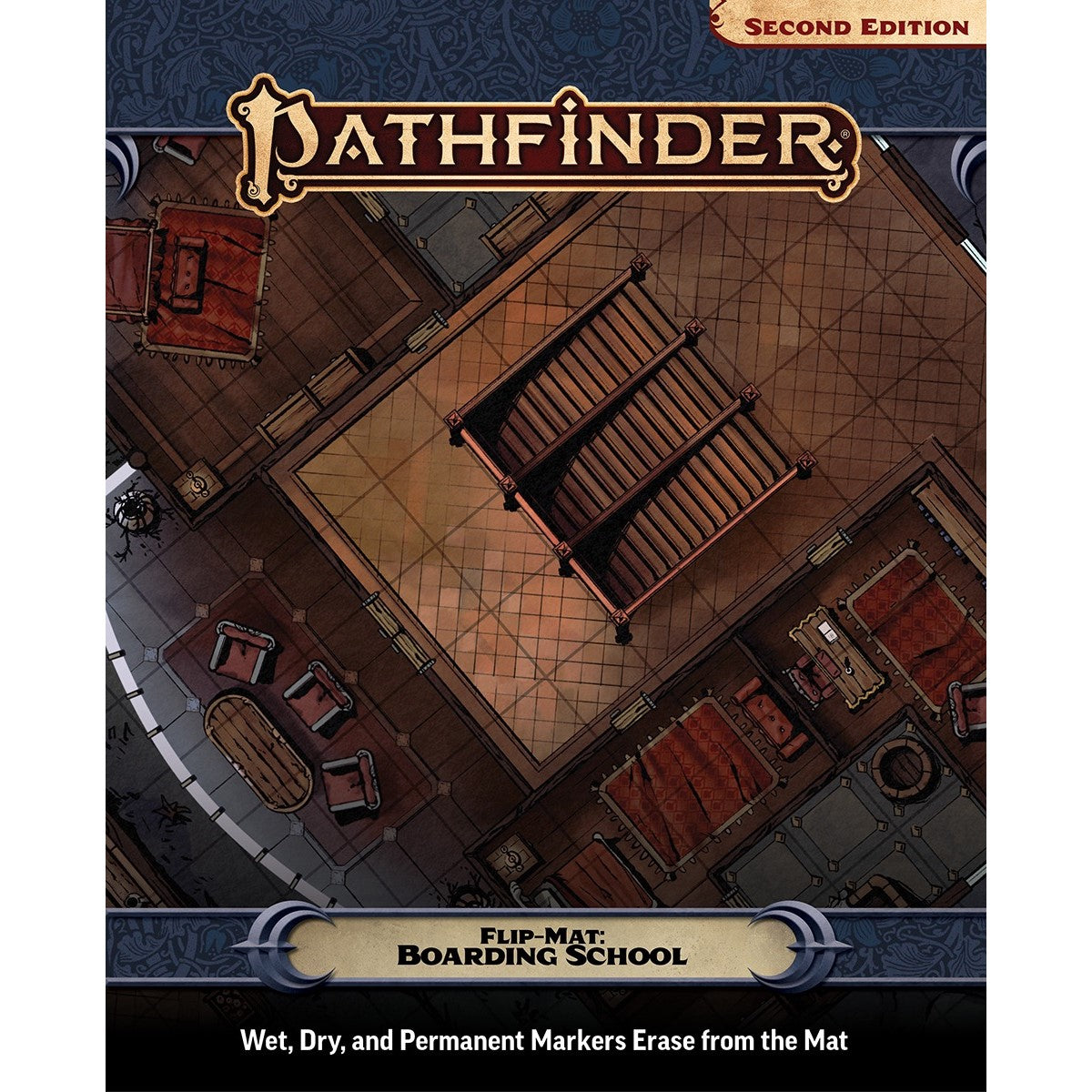 Pathfinder Second Edition Flip-Mat: Boarding School. Top-down map shows multiple rooms, stairs, beds, and tables. Markers erase.