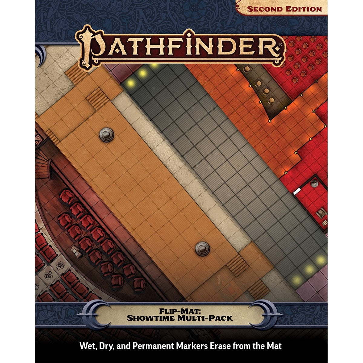 Pathfinder Flip-Mat showing detailed, gridded maps of a theater, stage, and backstage rooms. Markers wipe clean.