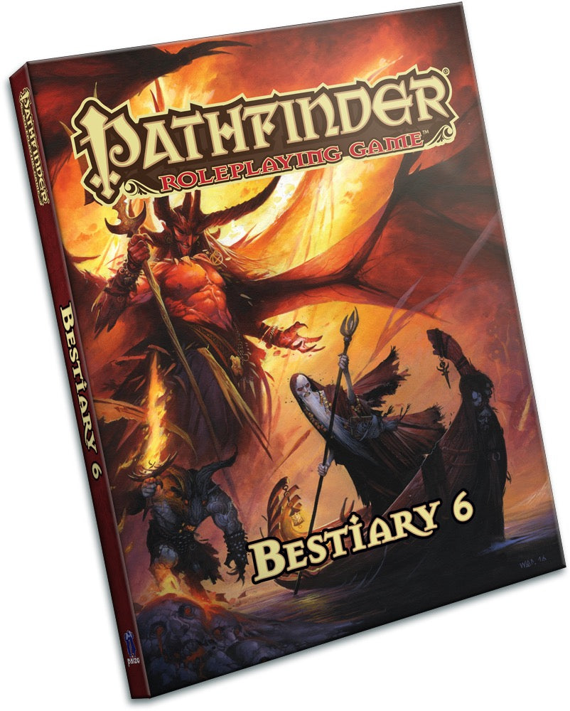 Pathfinder Bestiary 6 cover: Winged red demon lord with a staff, a horned beast, and two robed figures on a fiery landscape