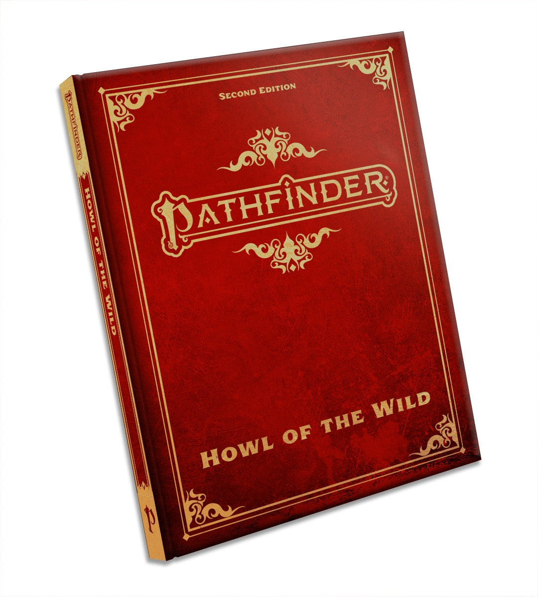 A red Pathfinder RPG Howl of the Wild Second Edition Special Edition Rulebook with gold text and decorative borders on its cover and spine