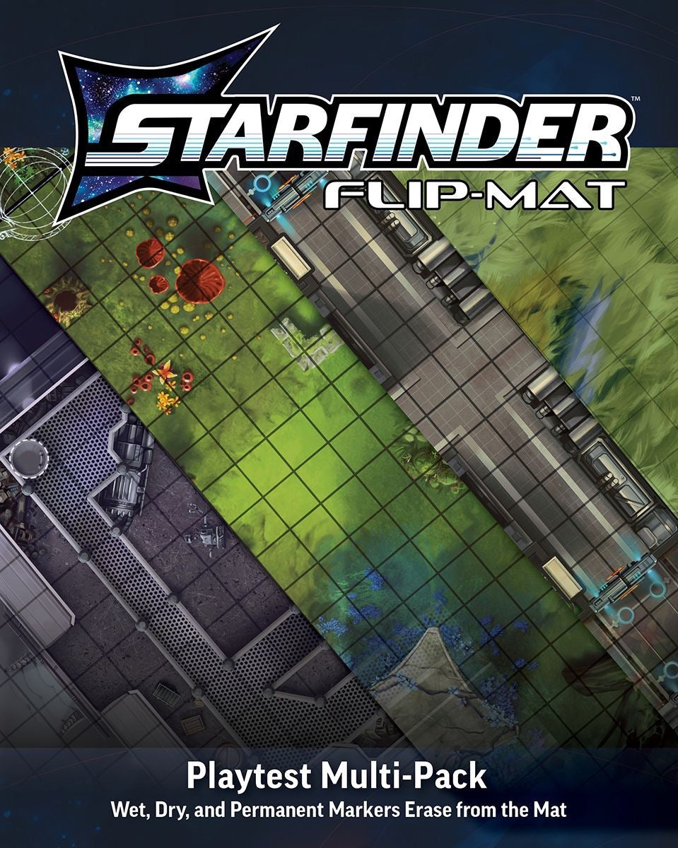 A display of multiple Starfinder Flip-Mat Playtest Multi-Pack game mats featuring different sci-fi landscapes like alien flora, roads, and industrial floors