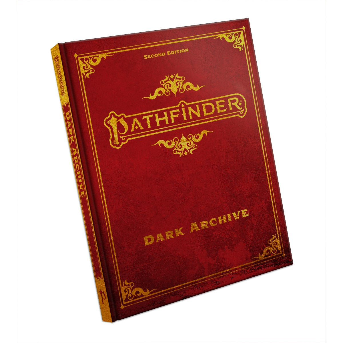 A red Pathfinder Dark Archive Second Edition book with ornate gold lettering and decorative borders