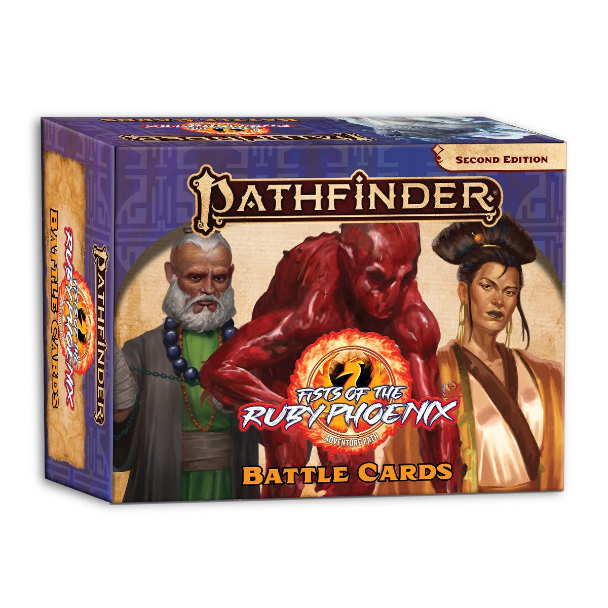Pathfinder 2E Fists of the Ruby Phoenix Battle Cards box. Art depicts a bearded monk, a red demon, and an elegant woman