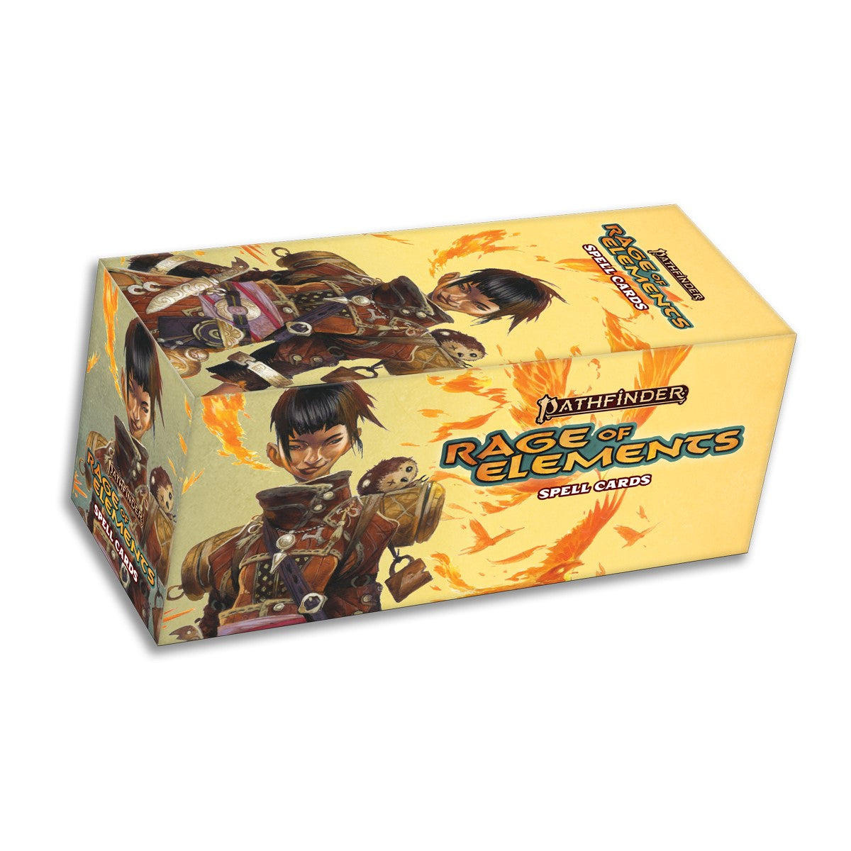 A rectangular box of Pathfinder Rage of Elements Spell Cards, featuring a character with a creature against a fiery orange background.