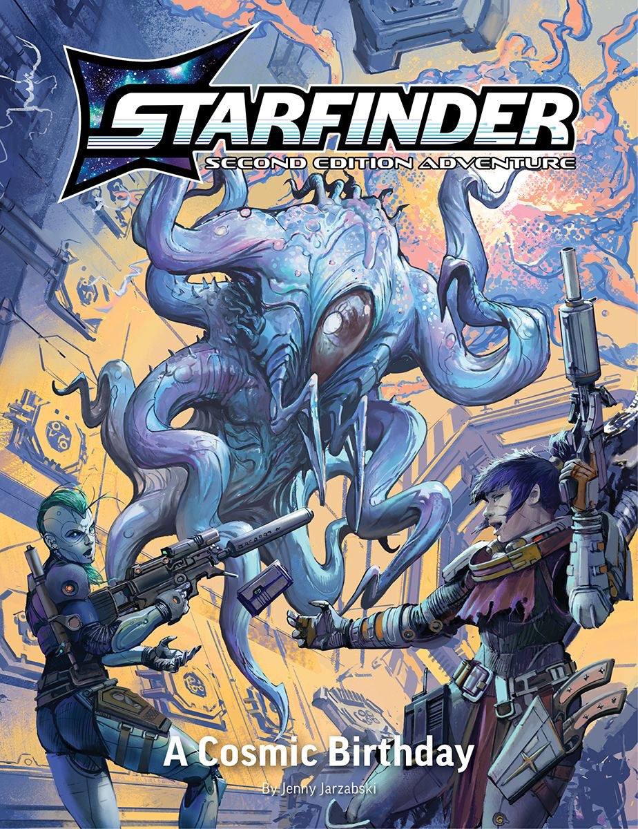 The Starfinder RPG Second Edition Playtest Adventure A Cosmic Birthday shows two armed characters battling a large blue tentacled alien in a sci-fi setting