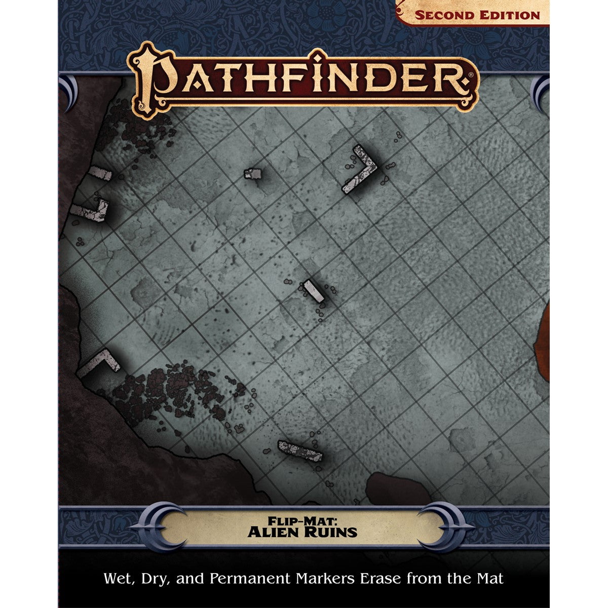Pathfinder Flip-Mat: Alien Ruins, a gridded tabletop game map of a desolate, grey alien landscape with debris.