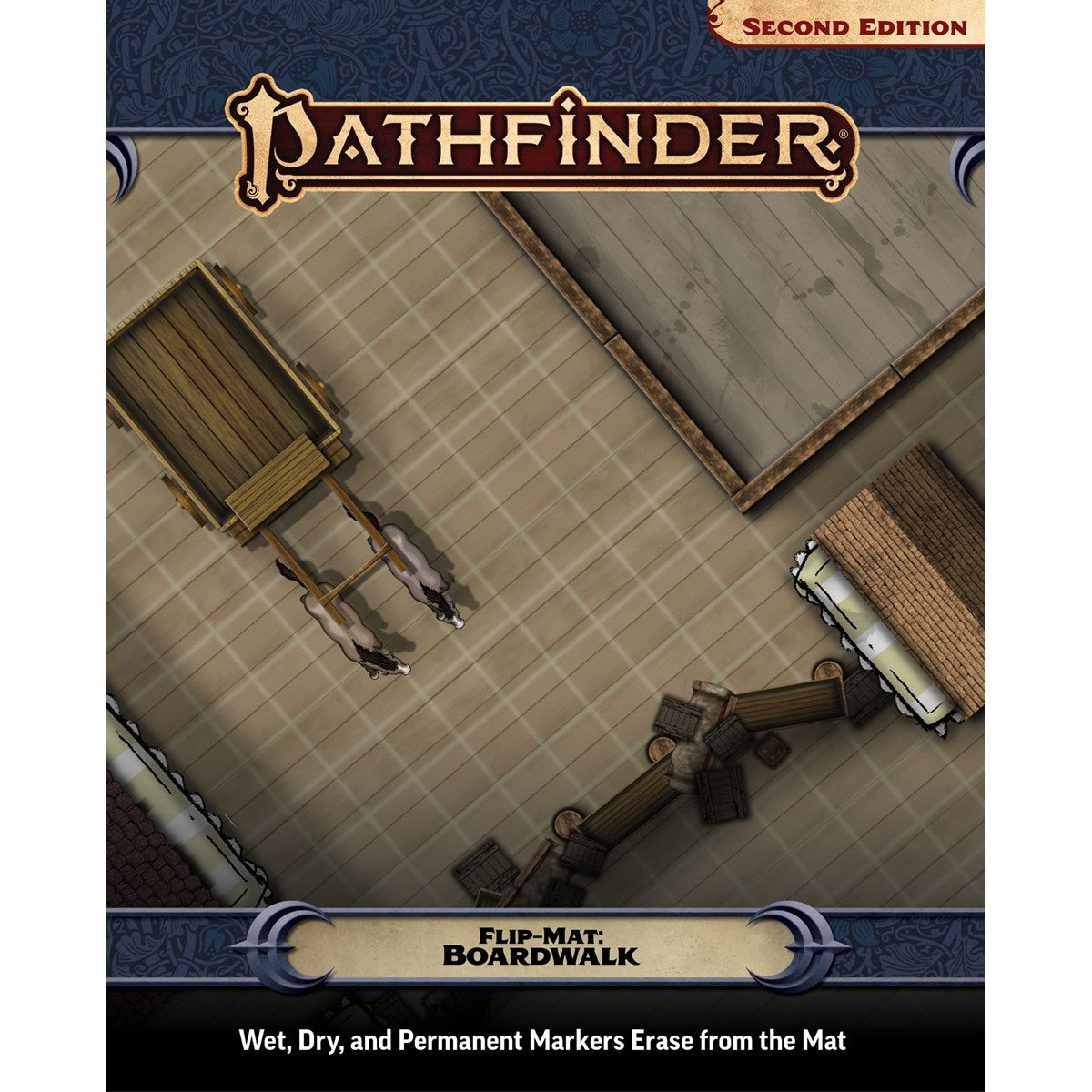 Pathfinder Flip-Mat: Boardwalk. A gridded map showing a horse-drawn cart, buildings, and barrels on a pier.