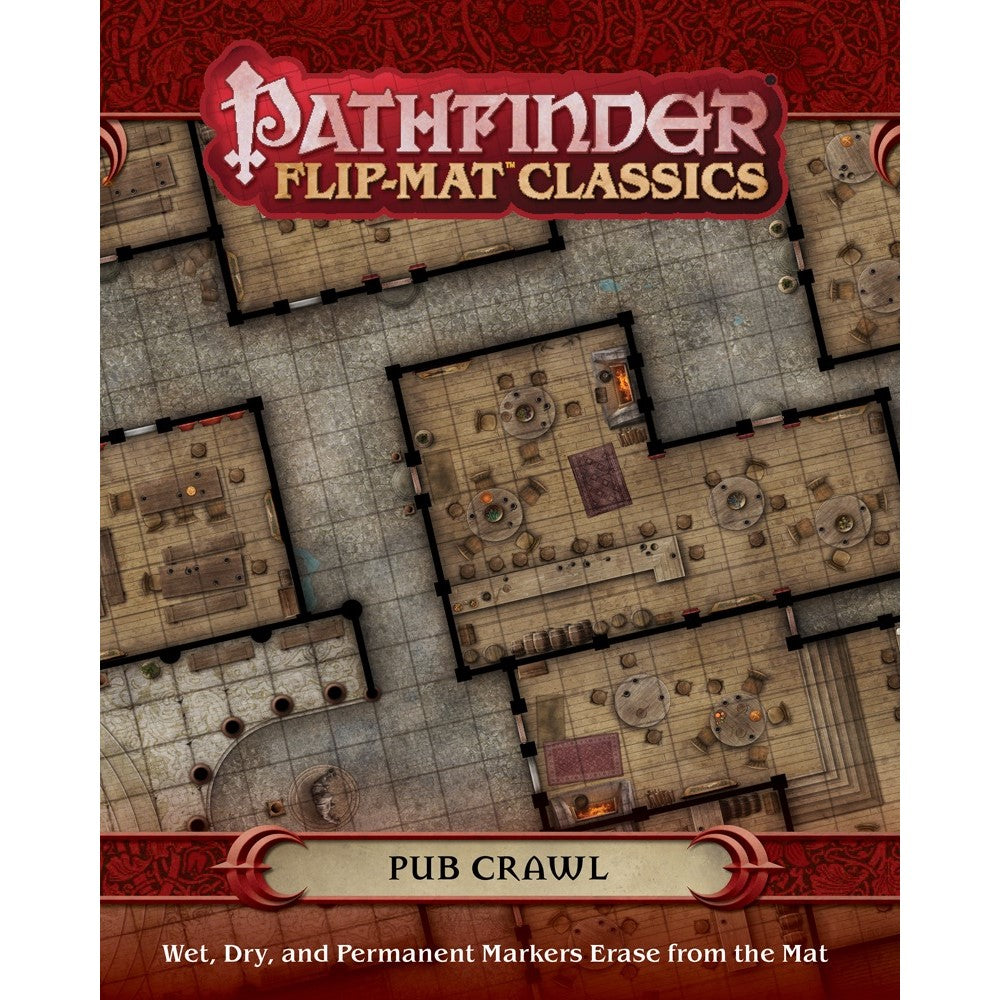Pathfinder Flip-Mat Classics Pub Crawl shows interconnected detailed tavern floor plans with tables, chairs, and fireplaces on a game mat