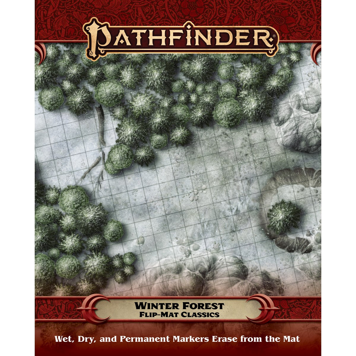 Pathfinder Flip-Mat Classics: Winter Forest. Gridded overhead map of a snowy forest with frosted trees and rocky terrain.
