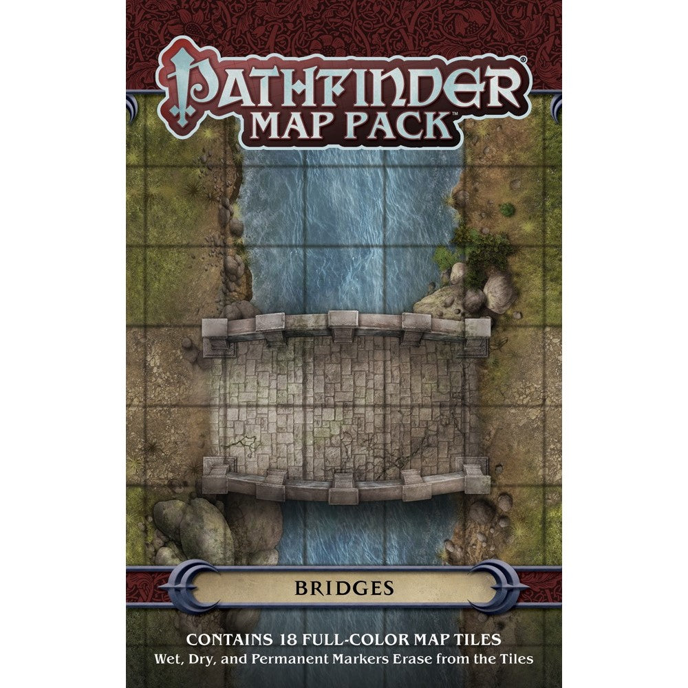 Pathfinder Map Pack Bridges cover features a stone bridge spanning a river, with green and dirt terrain on a grid map.