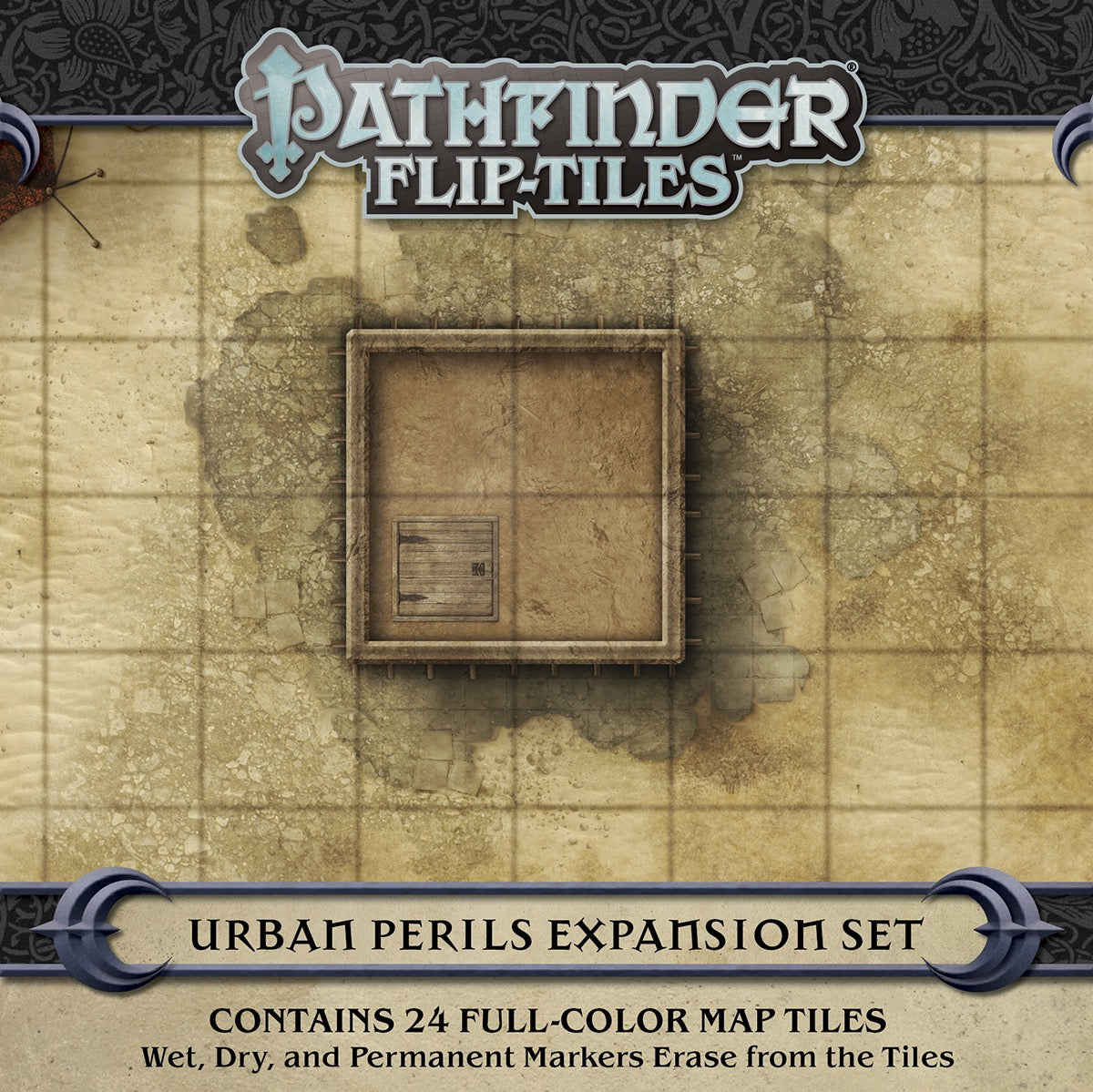 Pathfinder Flip-Tiles: Urban Perils Expansion Set. A gritty urban map tile with a building and wooden trapdoor