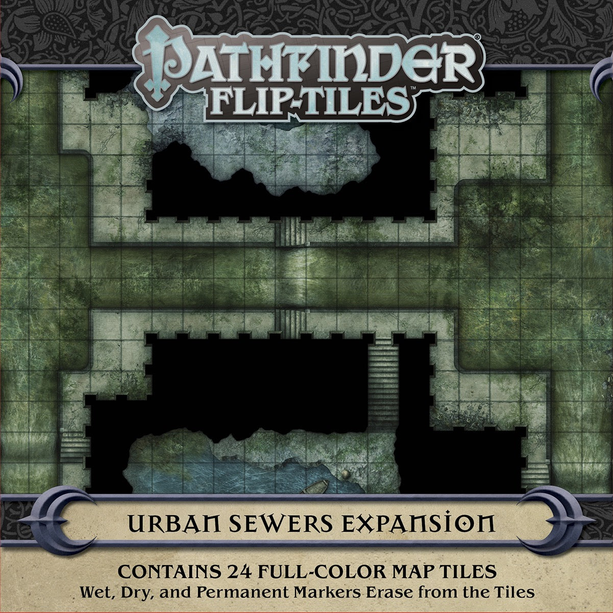 Pathfinder Flip-Tiles Urban Sewers map: grid of mossy stone passages with stairs and water