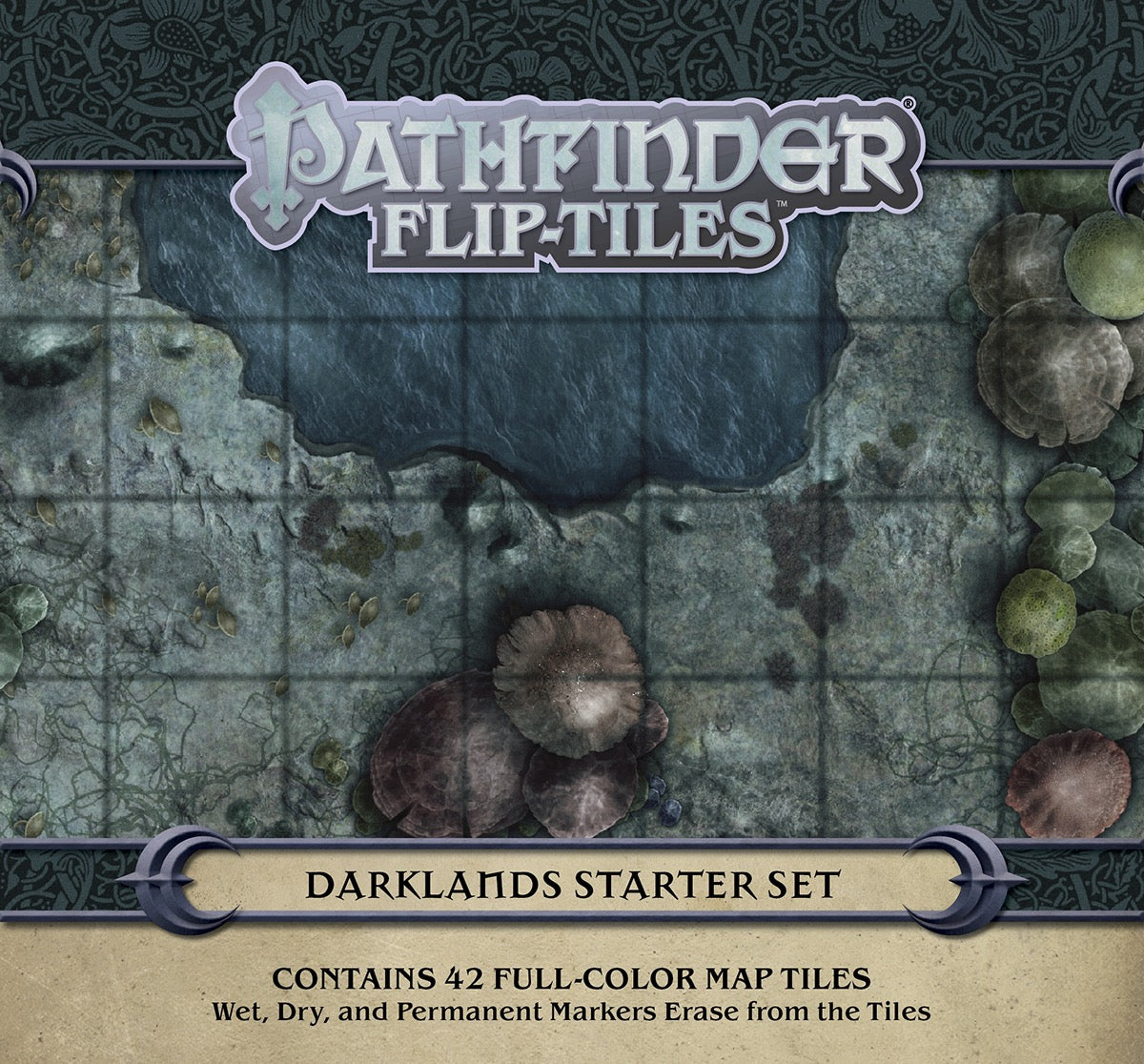 Pathfinder Flip-Tiles Darklands Starter Set cover, it shows gridded map tiles with dark water, rocks, and fungi