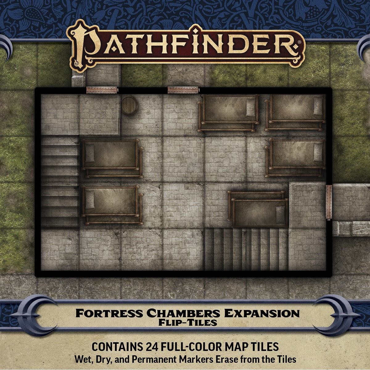 Pathfinder Flip-Tiles: Fortress Chambers expansion map of a stone chamber with beds, stairs, and a barrel.
