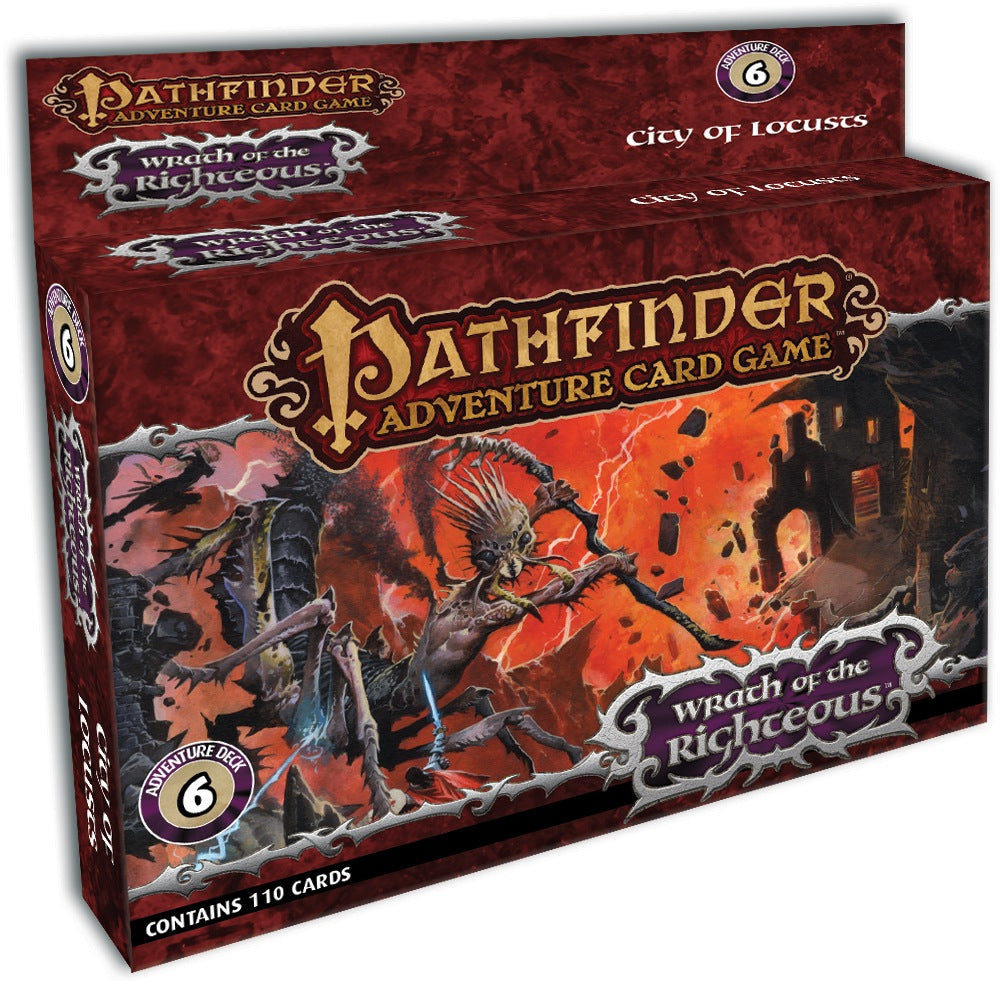 Pathfinder Adventure Card Game: City of Locusts box. A skeletal insectoid demon with a bow in a fiery, ruined city