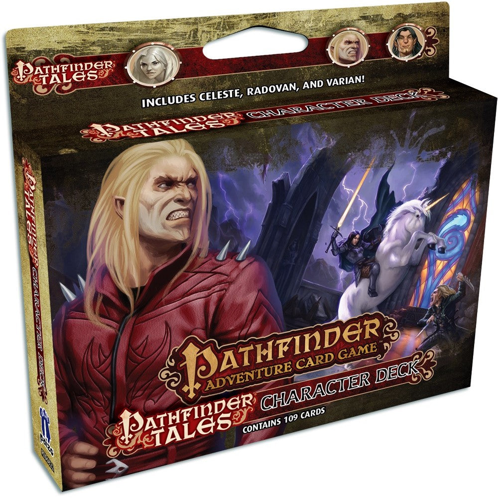 Pathfinder Adventure Card Game Character Deck box, art shows a fierce blonde man in a red spiked jacket, a hero on a unicorn with a glowing sword, and stormy gothic ruins