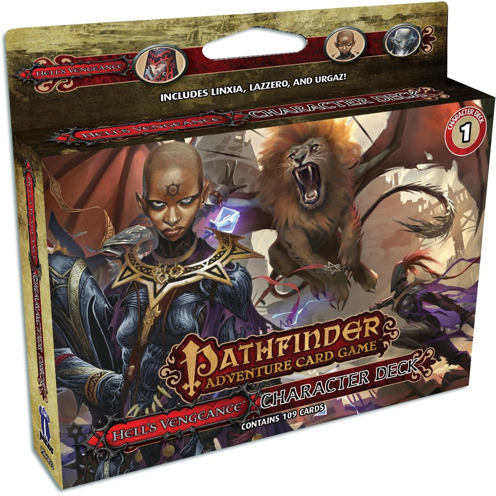 Pathfinder Hell's Vengeance Character Deck box: bald woman in ornate armor, roaring winged lion, warrior