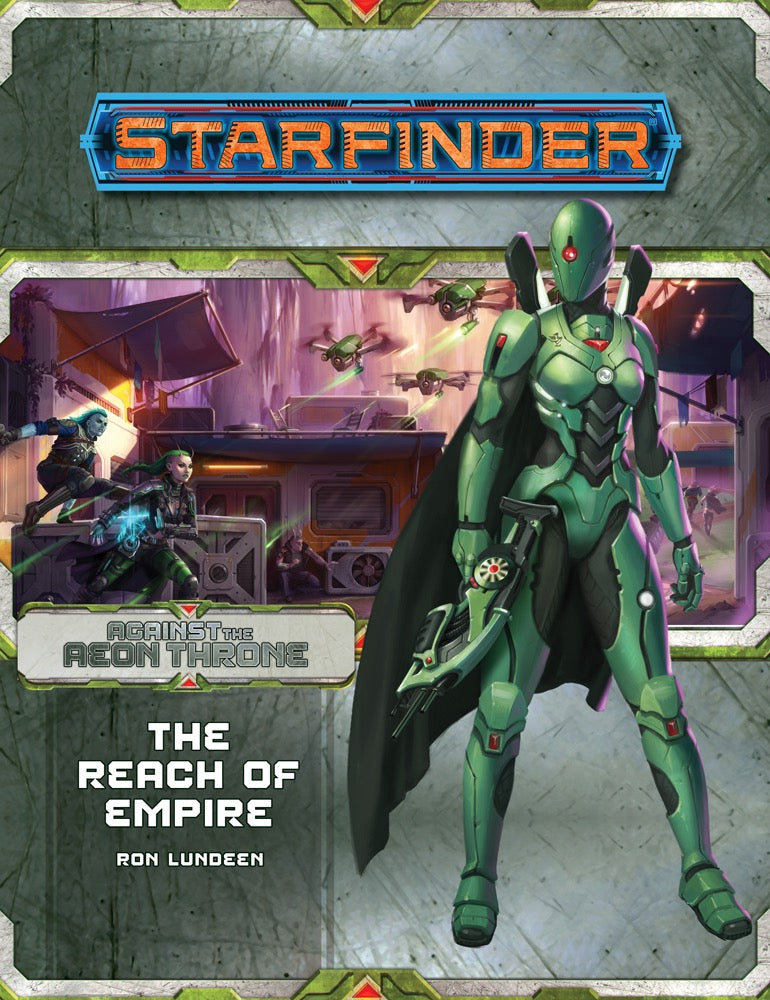 Starfinder cover: A sleek green armored figure with a helmet and single red eye holds a weapon, overseeing a futuristic city battle with drones.