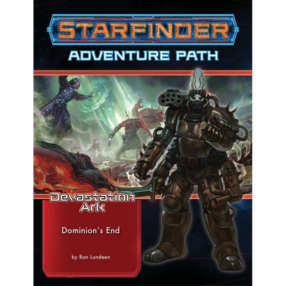 The Starfinder RPG Adventure Path book cover depicts a heavily armored figure with a skull mask and missiles, with other characters battling a monster in the background