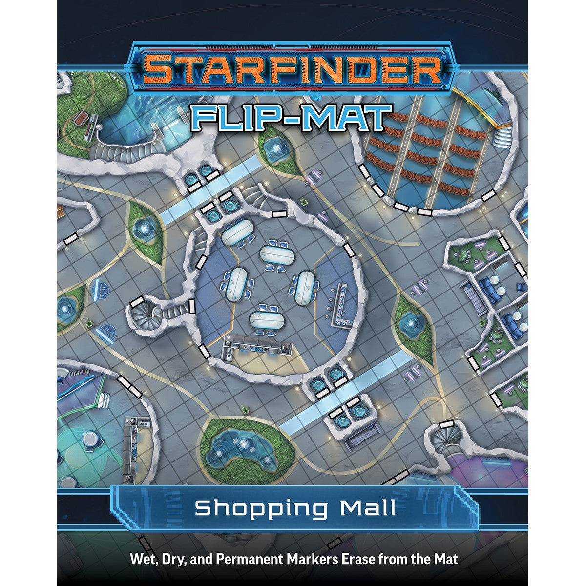 Starfinder Flip-Mat: Futuristic shopping mall map, overhead view.