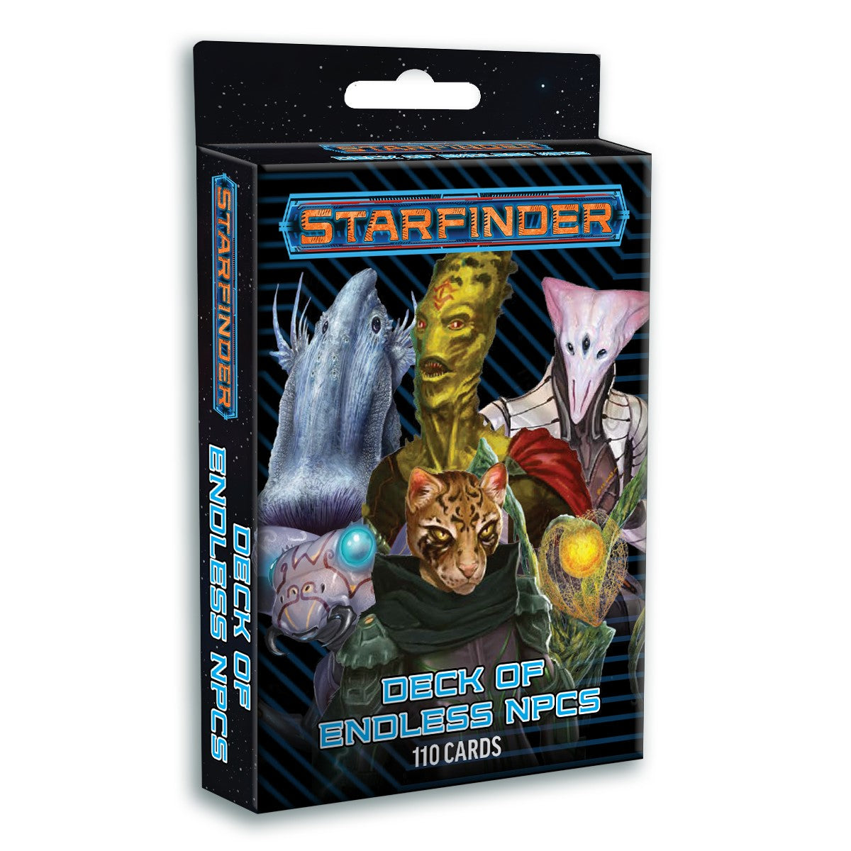 A Starfinder "Deck of Endless NPCs" card box, featuring diverse alien character illustrations.