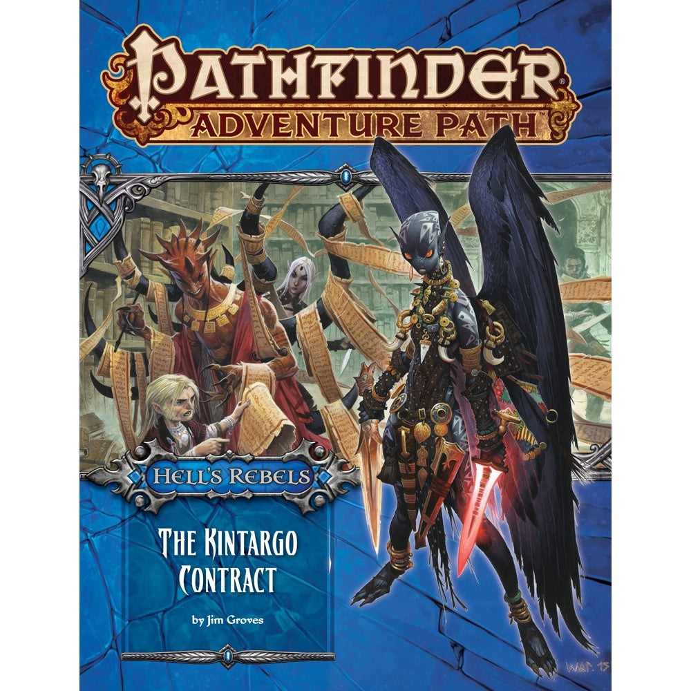 Cover for Pathfinder's The Kintargo Contract. A winged, dark-skinned humanoid with glowing daggers faces others entangled in scrolls
