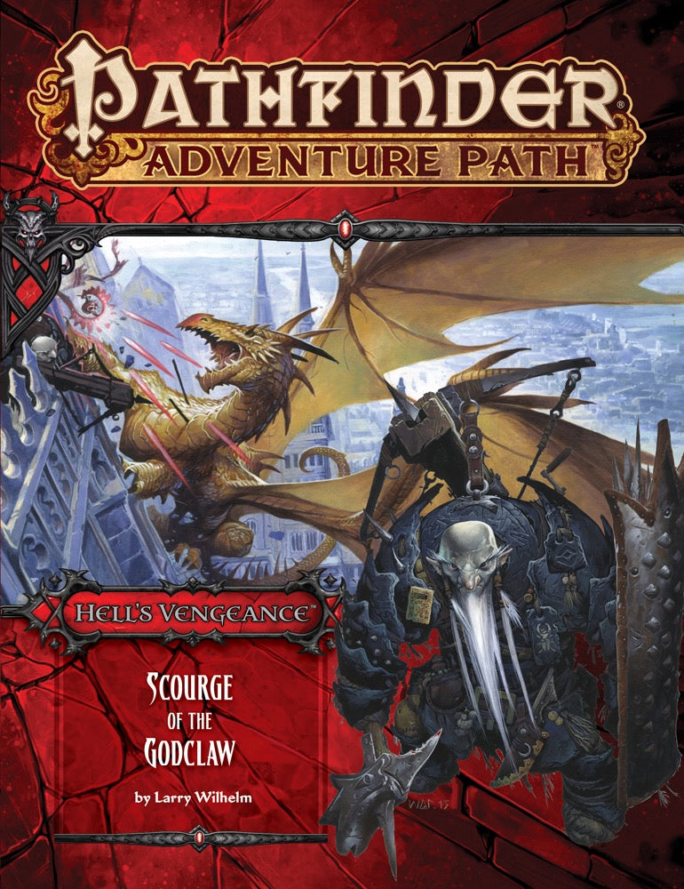 A heavily armored, white-bearded warrior with axe and shield; a golden dragon attacks a city.