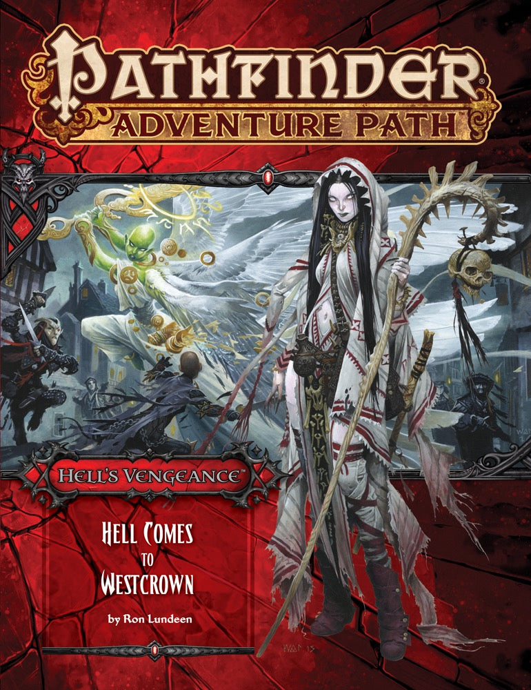 Pathfinder Hell's Vengeance cover: A pale woman in tattered robes holding a skull staff, with a winged green figure battling behind her