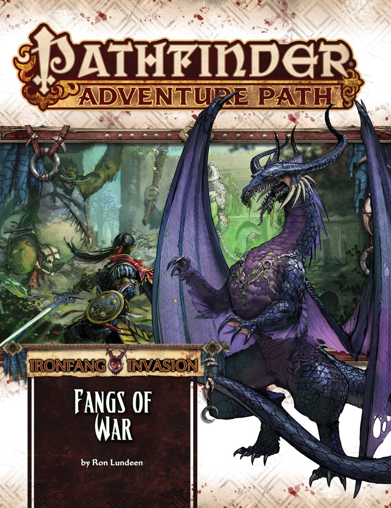 Pathfinder cover: A snarling purple dragon with wide wings, alongside a hero fighting a green hobgoblin in a forest.