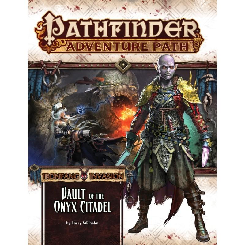 Pathfinder cover: Armored warrior with glowing weapon, a wizard battles a fiery monster from Vault of the Onyx Citadel