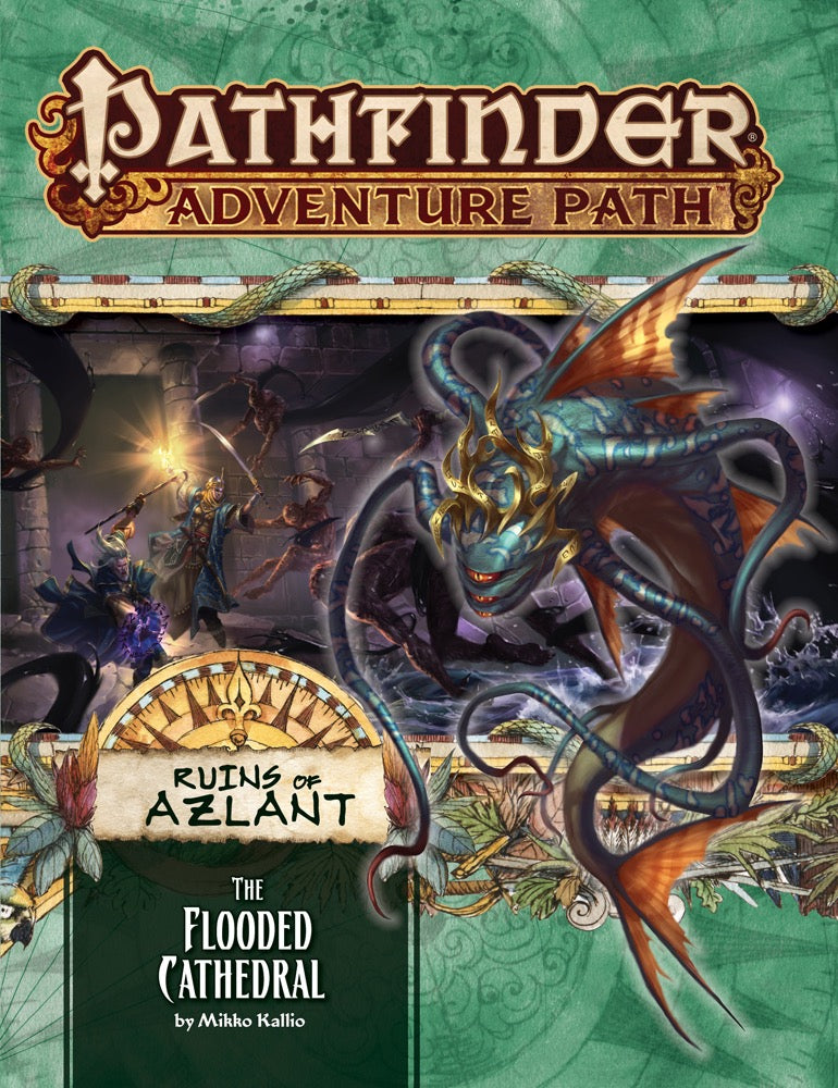 A Pathfinder cover: A teal, multi-limbed aquatic monster with orange fins lunges over heroes battling creatures in a dark, flooded cathedral.