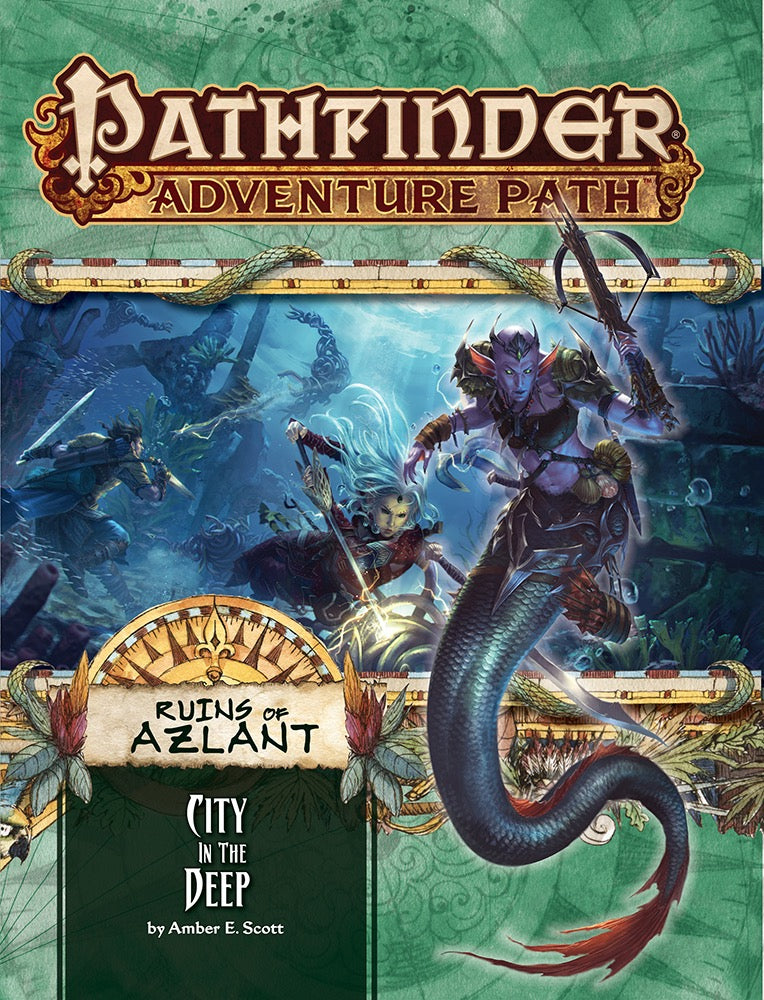 A purple merfolk with a crossbow swims through an underwater battle in ancient ruins.