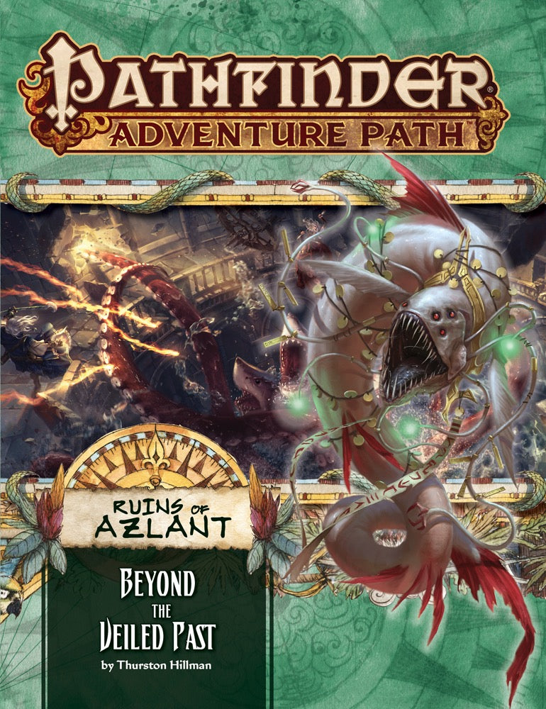 Pathfinder: Ruins of Azlant. A grotesque, glowing fish monster on right; adventurers battle a tentacled beast in dark sunken ruins.
