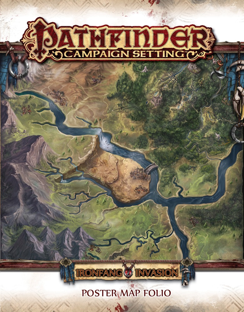 Pathfinder 'Ironfang Invasion' campaign map: fantasy landscape with rivers, mountains, forests, and various settlements.