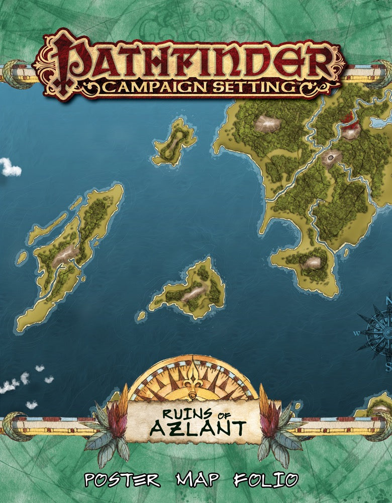 Pathfinder Campaign Setting: Ruins of Azlant Poster Map Folio cover, depicting a fantasy map of islands, a continent, and blue ocean
