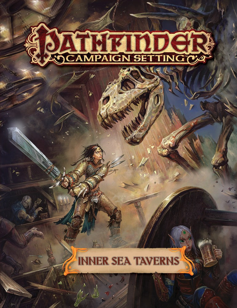 A fierce warrior with sword and daggers confronts a giant dinosaur skeleton destroying a tavern. An elf calmly drinks beer.