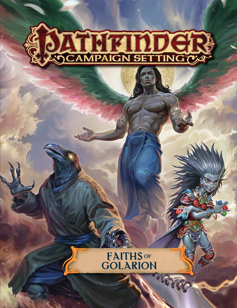 Pathfinder "Faiths of Golarion" cover: An angel with outstretched arms, a raven-man, and a goblin-like creature with dice.