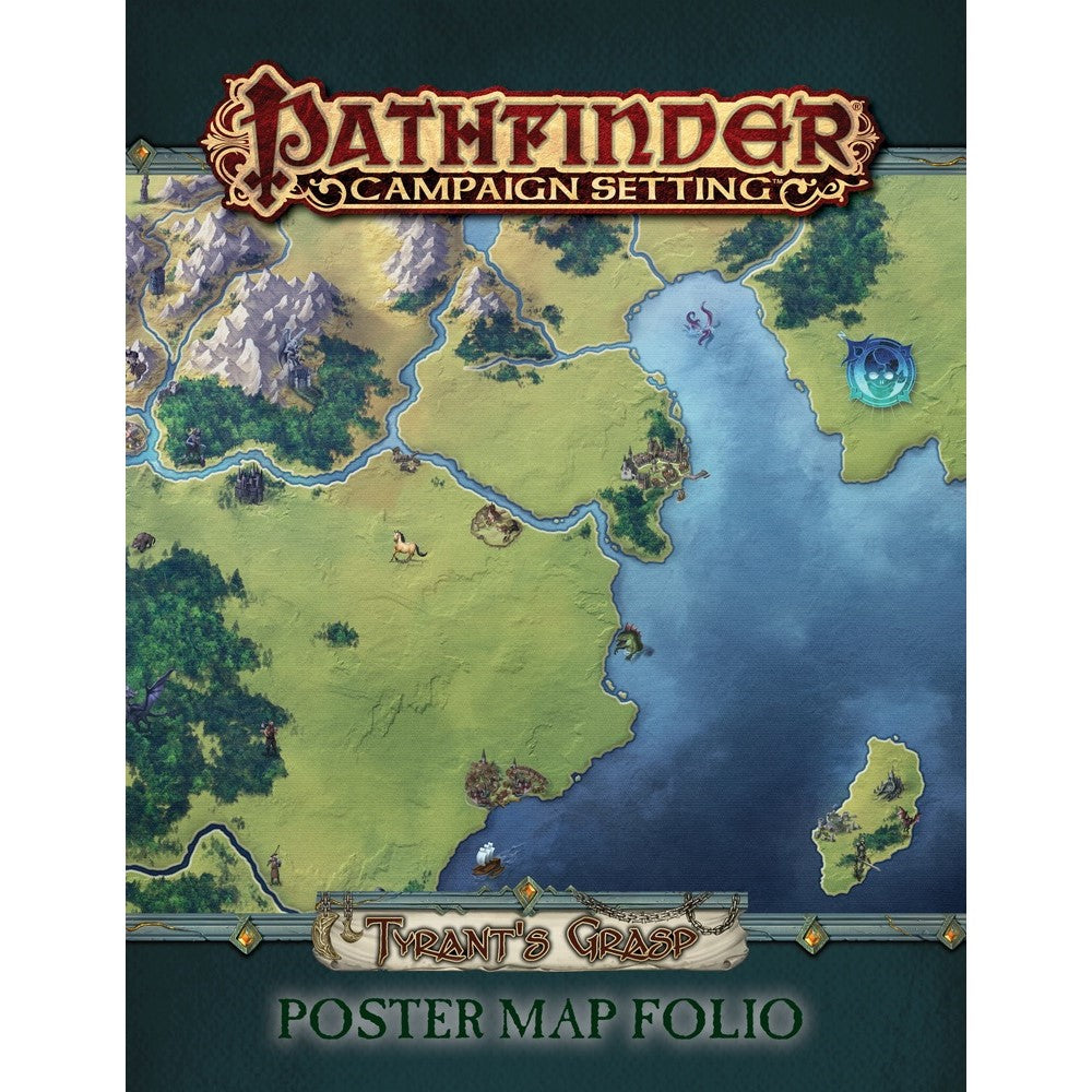 Pathfinder Tyrant's Grasp Poster Map Folio cover, showing an illustrated fantasy map with mountains, forests, and coast