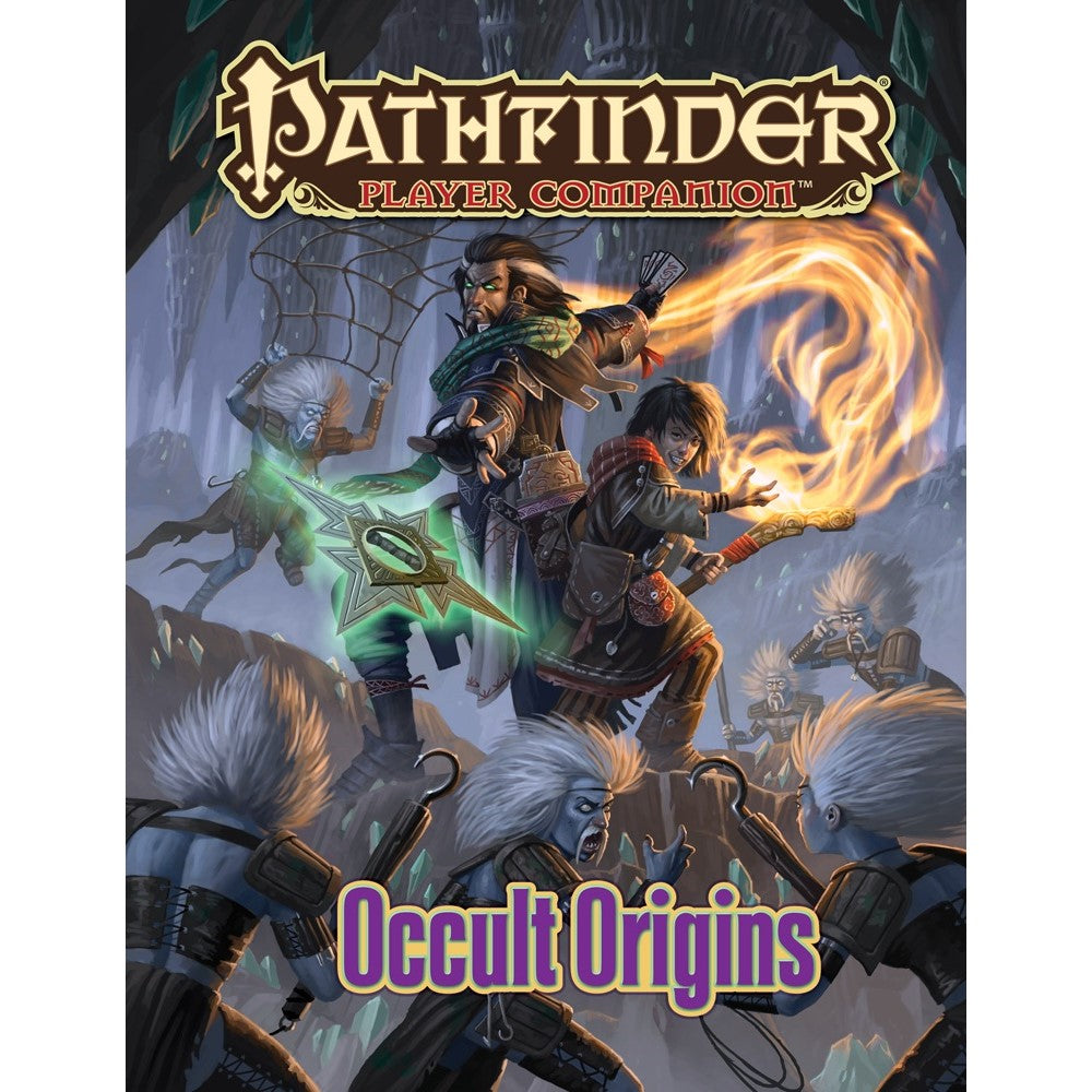 Pathfinder Player Companion: Occult Origins cover, two heroes battle pale, hook-handed creatures